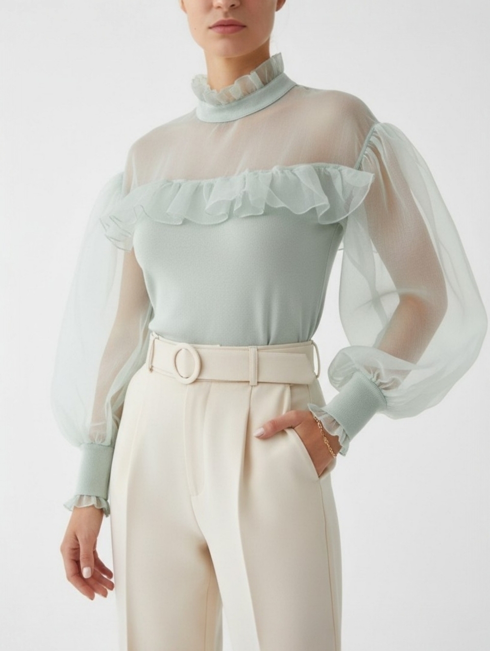 Zara Sage Green Organza Puff Sleeve Ruffle Blouse Sheer Knit Top S